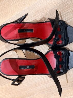 Carolina Herrera Black Leather Slingback Heels with Red Insole